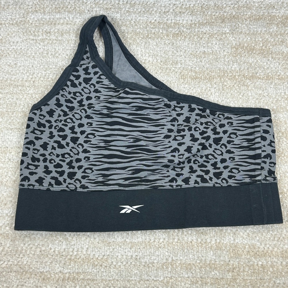 Reebok Womens One Shoulder Animal Print Sports Bra Athletic Crop Top Gray L